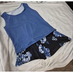 Blue And Black Tank Top And Shorts Set, Floral